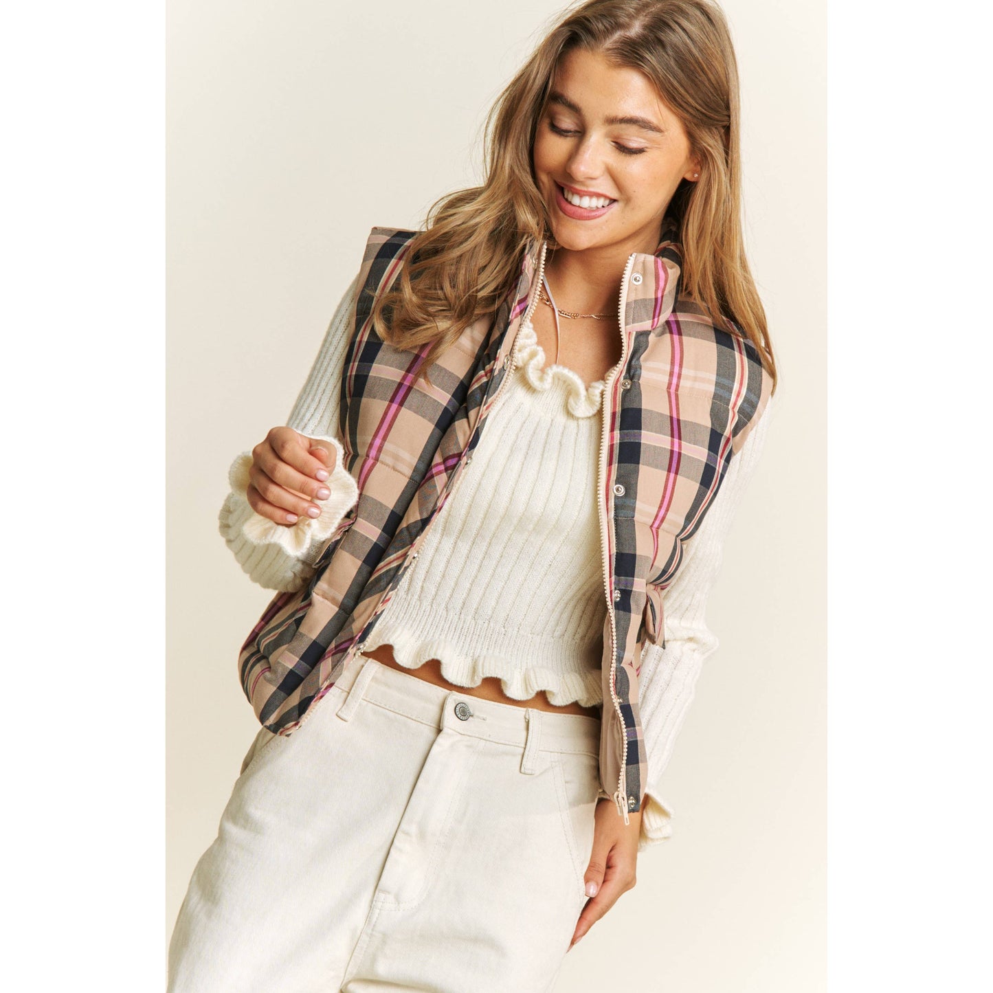 CROP PLAID HIGH NECK OPEN FRONT PUFFER VEST