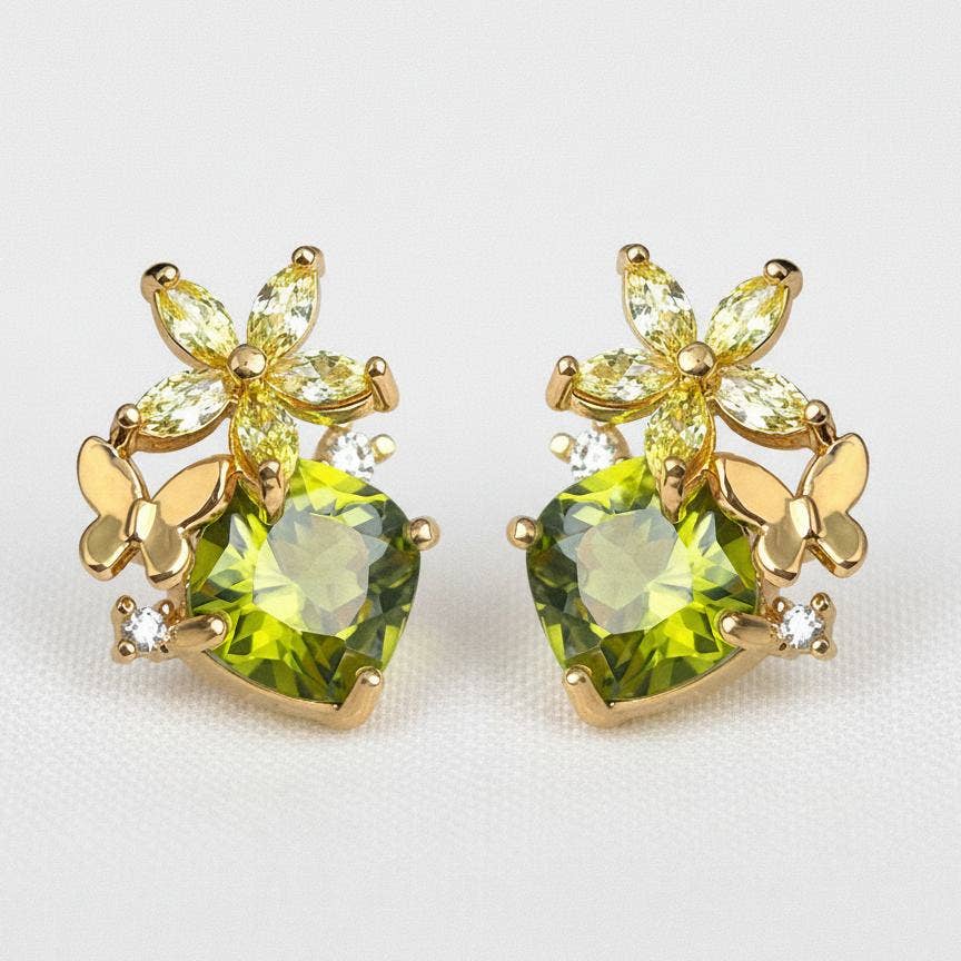 Olive Green Cubic Zirconia Butterfly Stud Earrings