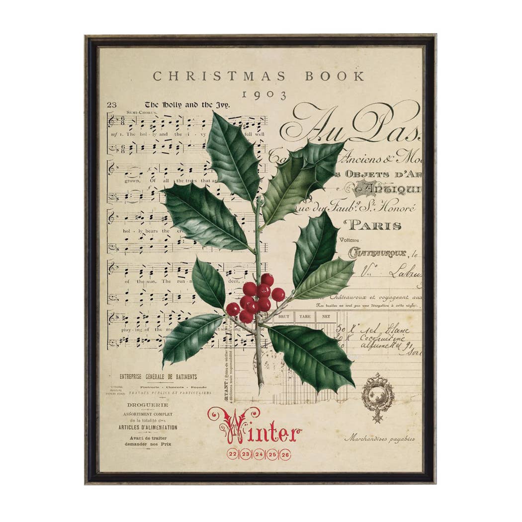 Painting of holly on a distressed bookplate