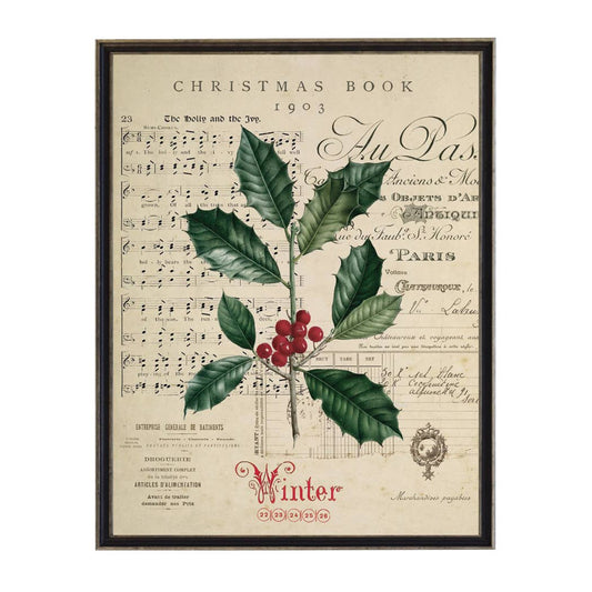 Painting of holly on a distressed bookplate