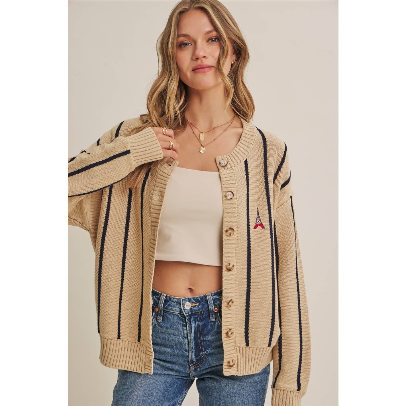 CITY POSTCARD EMBROIDERED STRIPE BUTTON-DOWN CARDIGAN