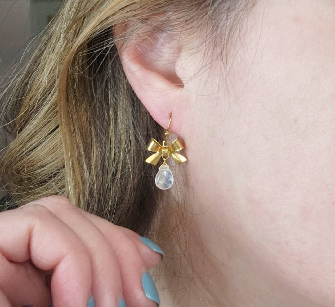 Rainbow Moonstone and Brass Bow Charm Matching Jewelry Set