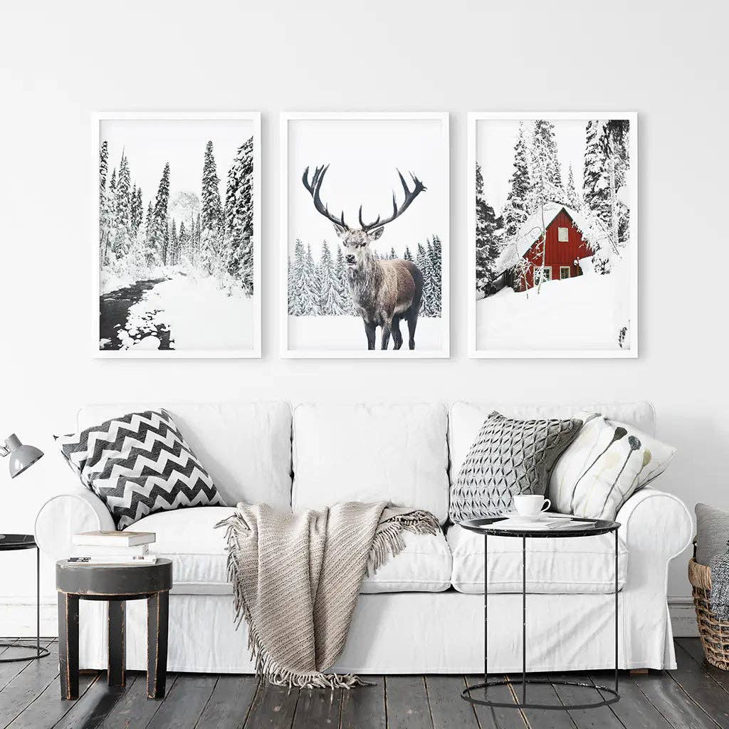 Winter Landscape Wall Art Print. Winter Red Log Cabin, Deer