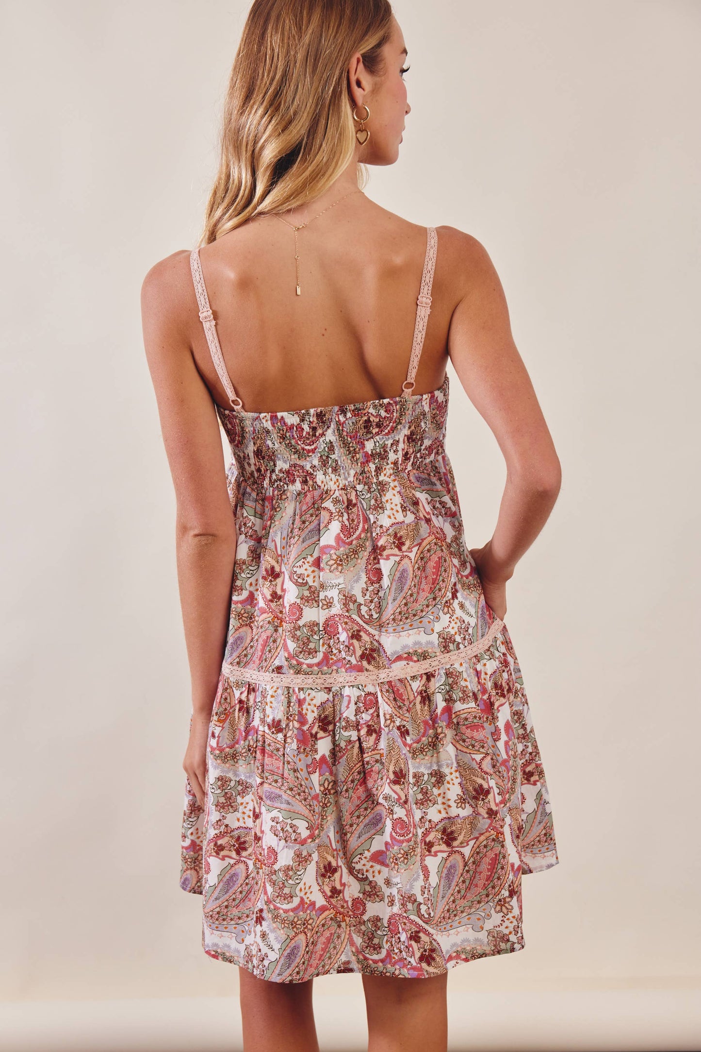 Paisley Lace Trim Mini Dress - Berry
