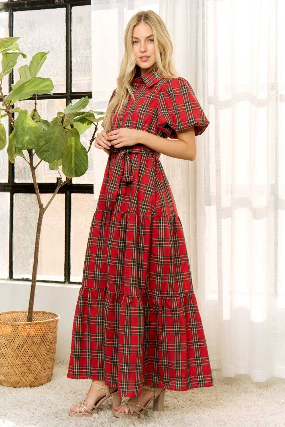HOLIDAY PLAID SHIRT TIERED MAXI DRESS