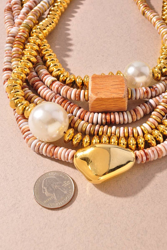 Multi Strand Mixed Bead Pearl Accent Statement Necklace