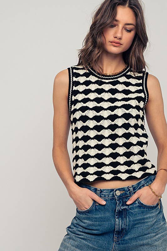 Scallop Crochet Contrast Trim Crewneck Tank Top
