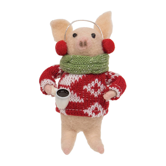 Pig with Coffee Felted Ornament