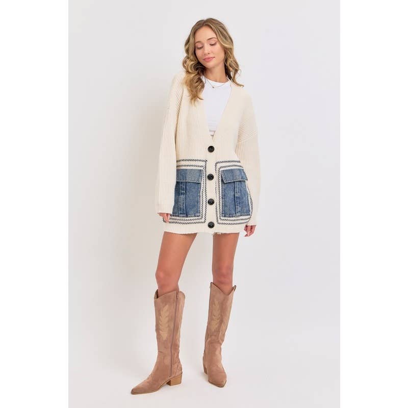 Knit Sweater Cardigan with Denim Pockets