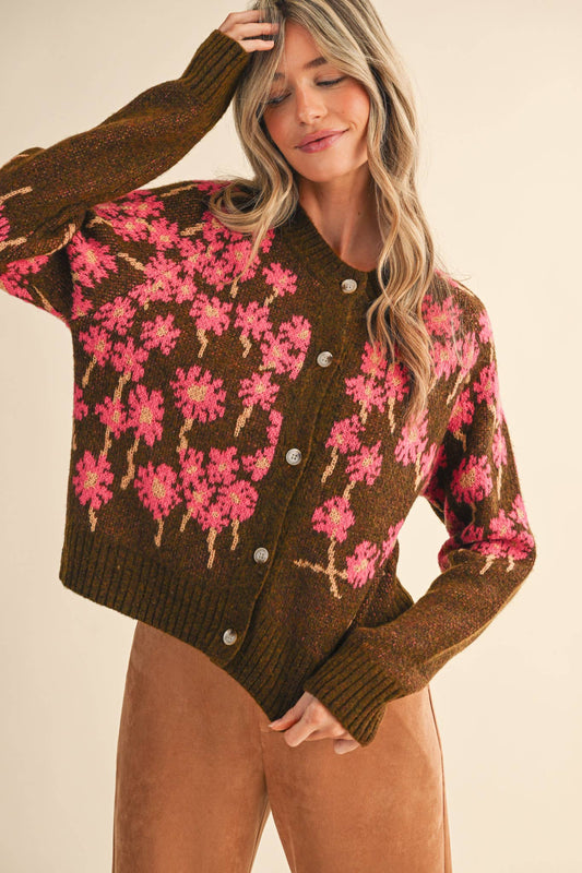 FLORAL KNIT BUTTON DOWN SWEATER CARDIGAN MSW11238