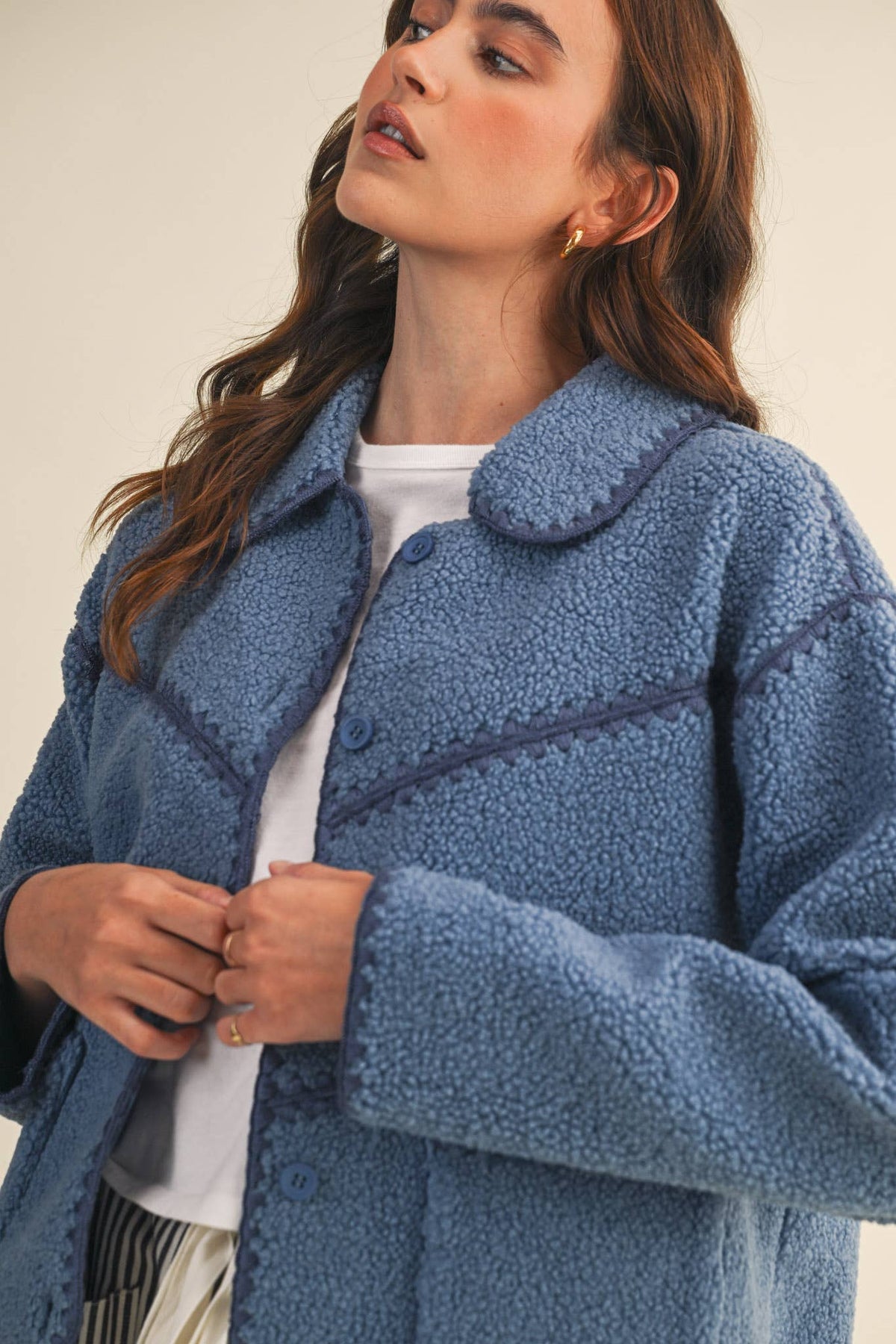 FAUX SHERPA FLEECE JACKET WITH BLANKET STITCH