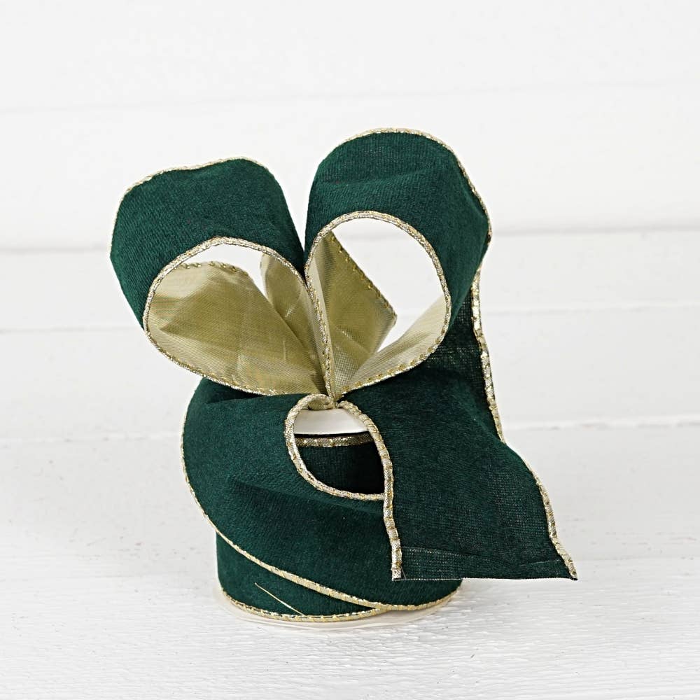 Wired Ribbon-Green hard velvet w. Gold Back (2.5inW)