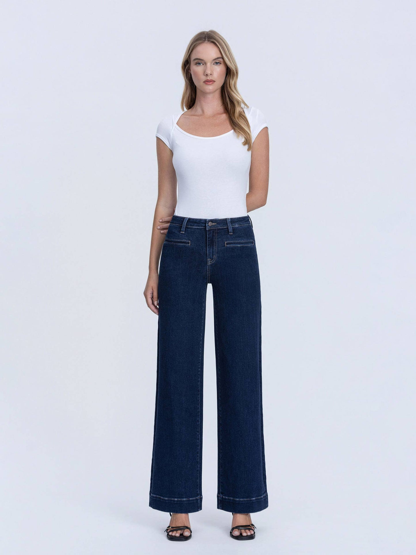 Dark wash high rise wide leg trouser jeans front view