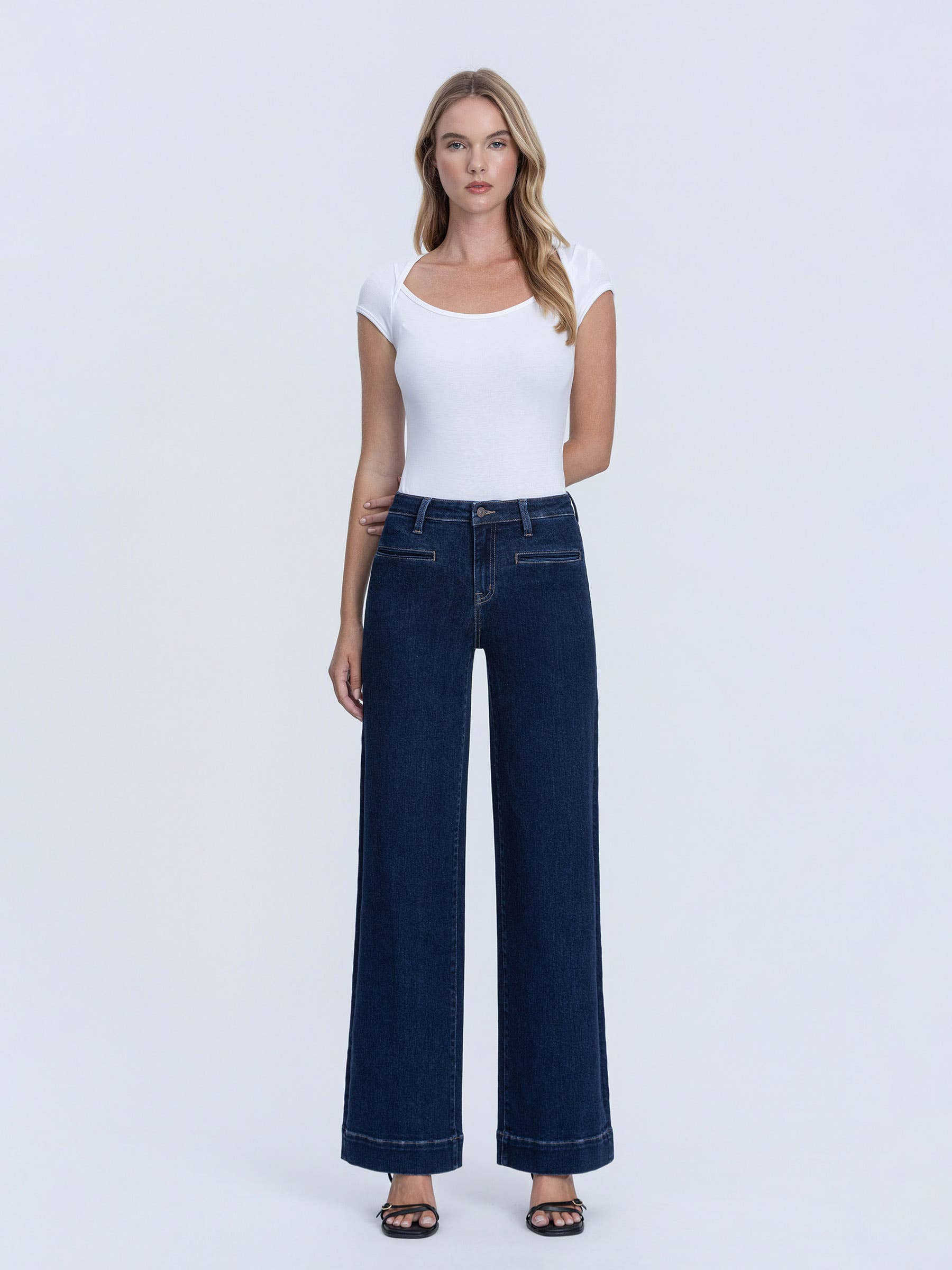 Dark wash high rise wide leg trouser jeans front view