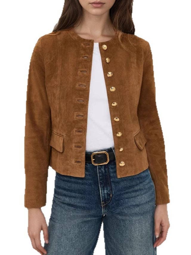 Brown Suede Cropped Jacket with Gold Button Detail