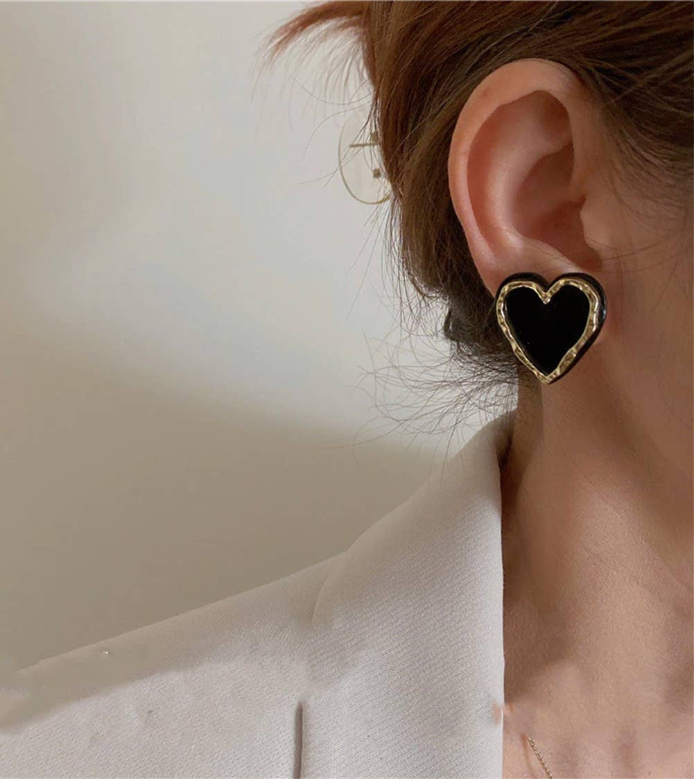 Black Gold Heart Stud Earrings