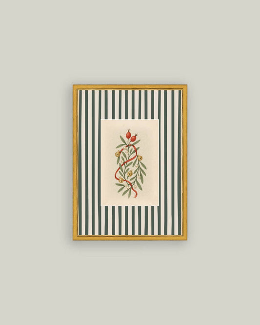 Holly Bells on Stripes Framed Antique Art