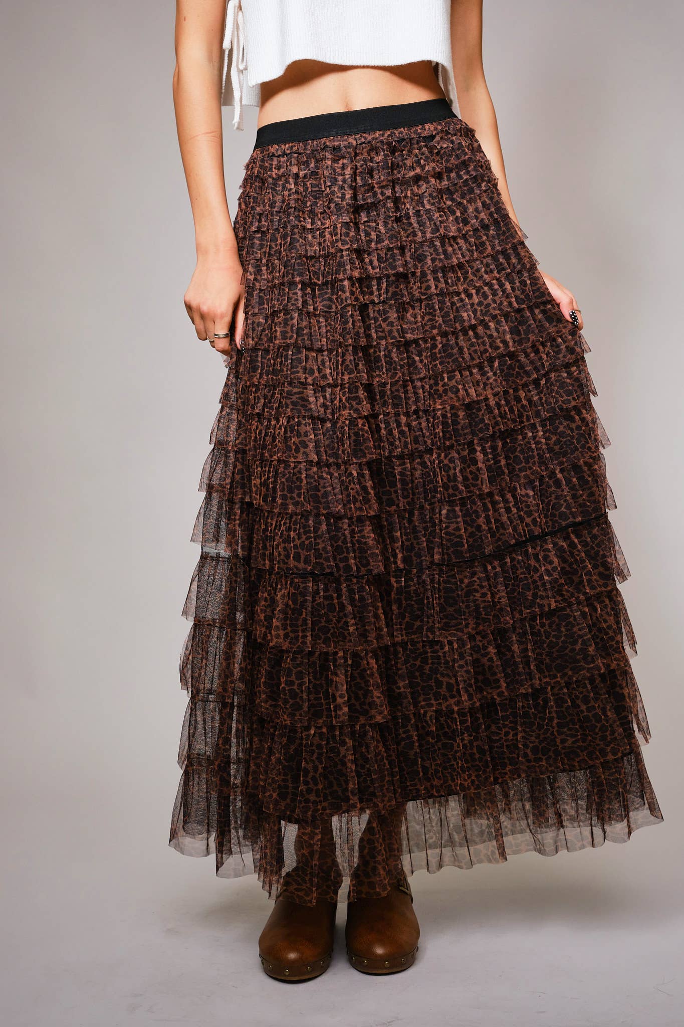 LAST CHANCE - High Waist Leopard Print Tiered Ruffle Maxi Skirt