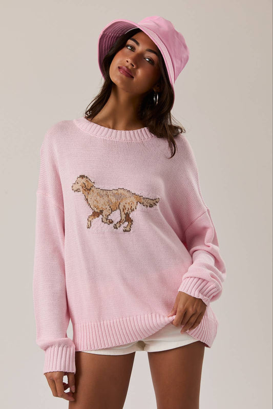 LONG SLEEVE CREW NECK RETRIEVER DOG GRAPHIC SWEATER