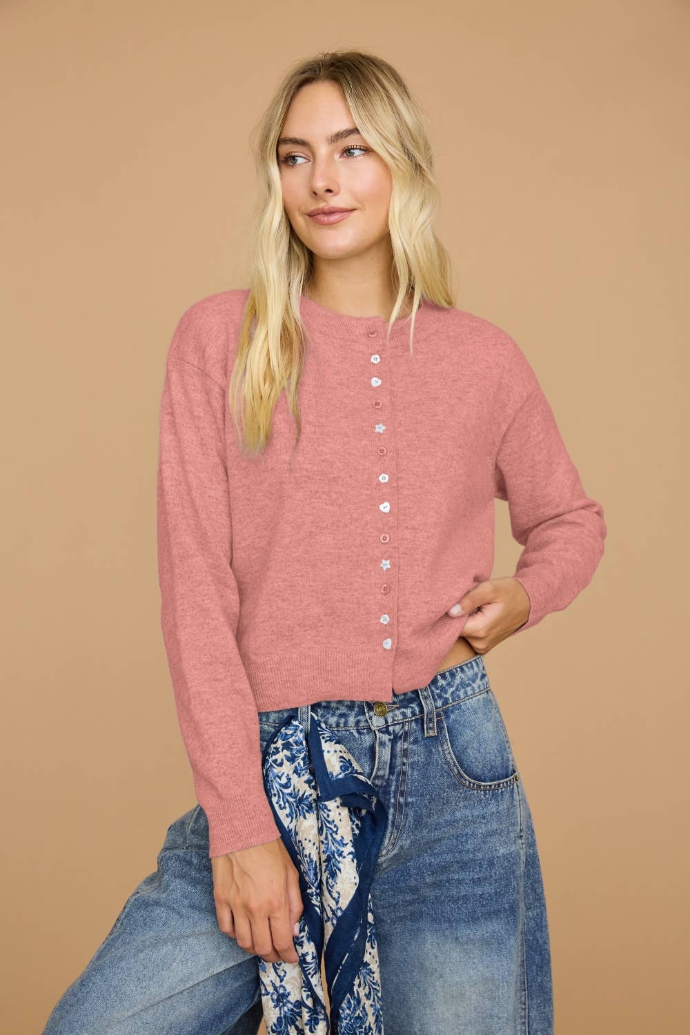 Mixed Novelty Button Knit Cardigan