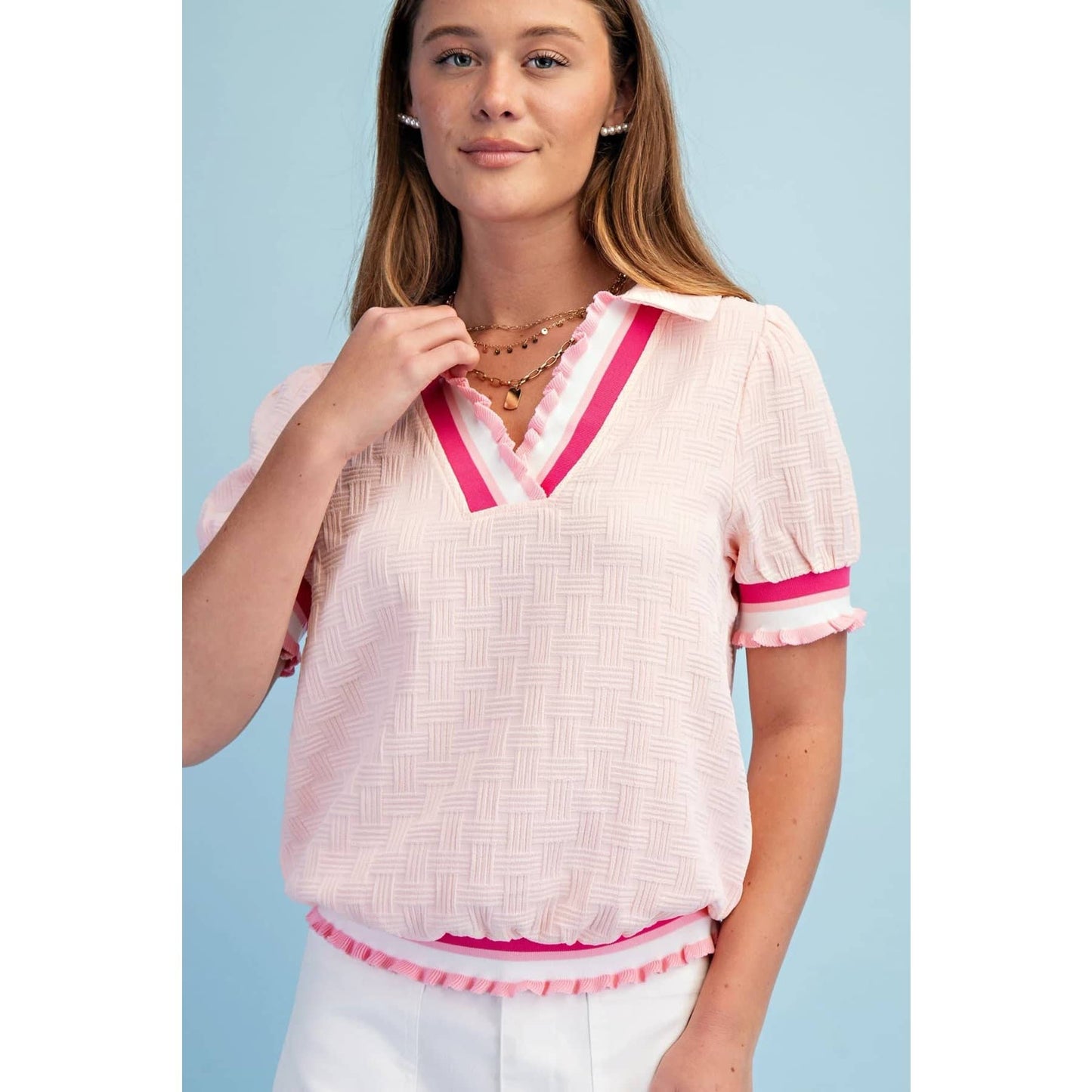 LAST CHANCE - Textured V-Neck Short-Sleeve Top