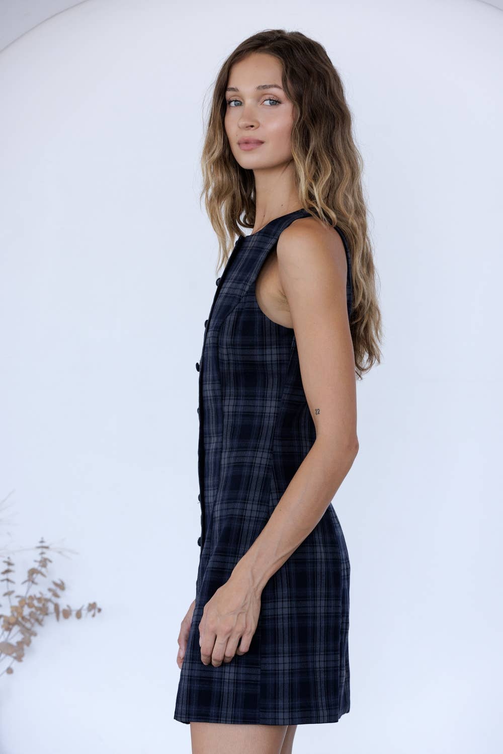 PLAID BUTTON-FRONT MINI DRESS