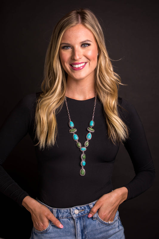 27" Turquoise and Green Lariat Style Necklace