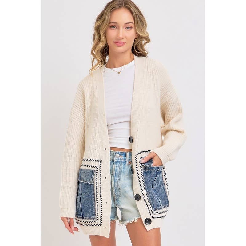 Knit Sweater Cardigan with Denim Pockets