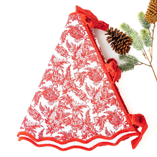 Nutcracker Toile Quilted Velvet-Trim Tree Skirt