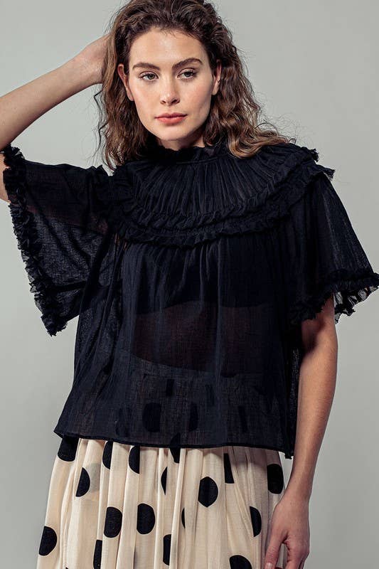 Ruffled Sheer Mock Neck Short Sleeve Blouse