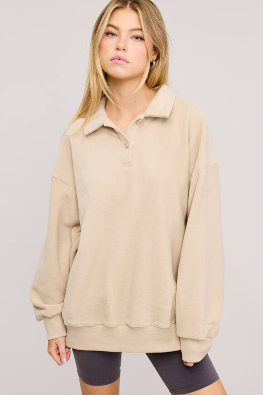 Teddy Velour Buttoned Collar Pullover Knit Sweater