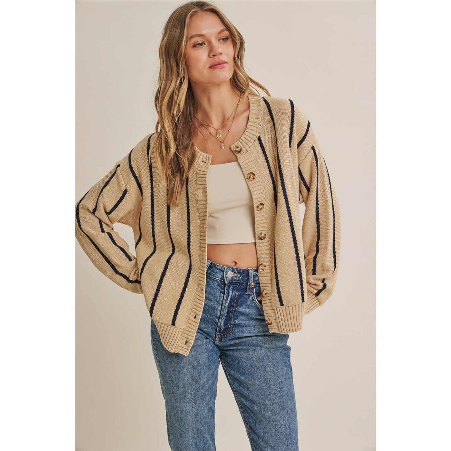 CITY POSTCARD EMBROIDERED STRIPE BUTTON-DOWN CARDIGAN