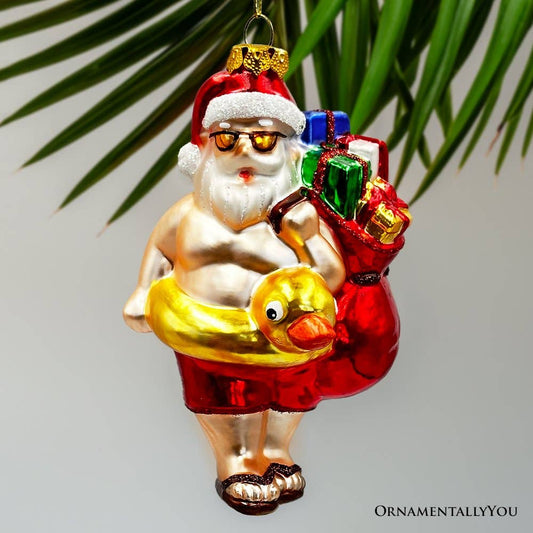Santa on Summer Vacation in the Pool Quirky Glass Ornament