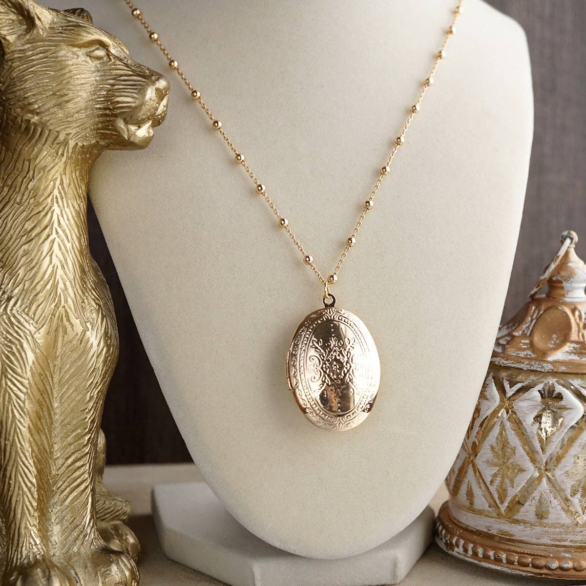 Vintage Inspired Locket Necklace - Long Gold Pendant Necklace