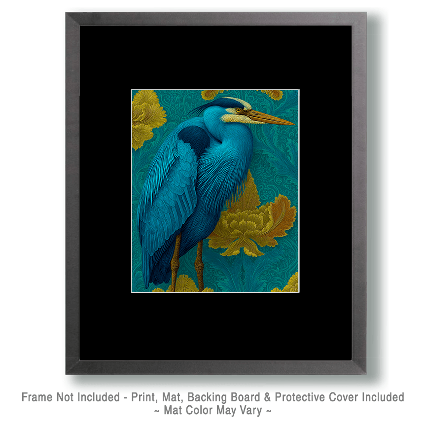 Art Nouveau Great Blue Heron Portrait - American Wildlife Art Print - 8"x10" Artwork for 11"x14" Frame