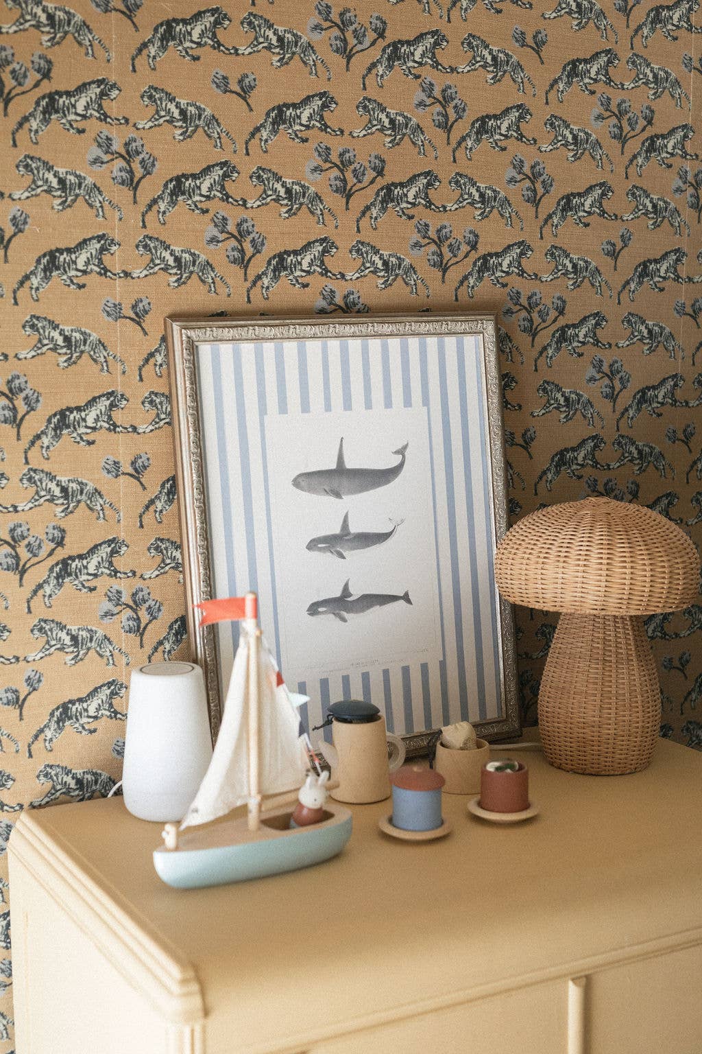 Whales on Stripes Framed Antique Art