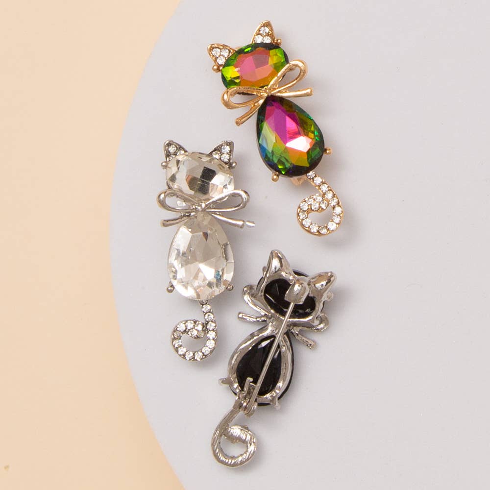 Cat Brooch Pin with Faceted Crystals and Bow Detail