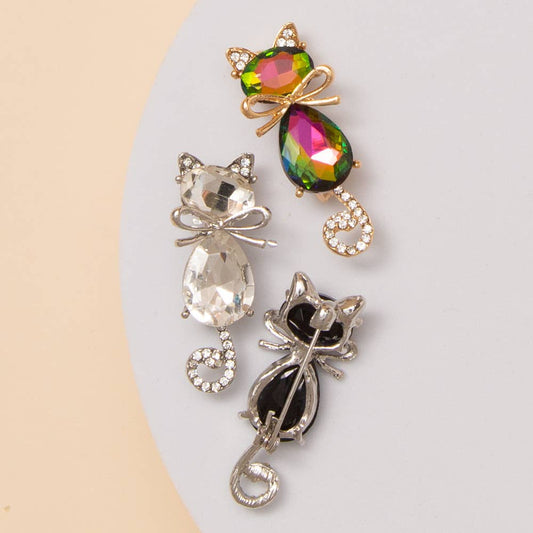 Cat Brooch Pin with Faceted Crystals and Bow Detail