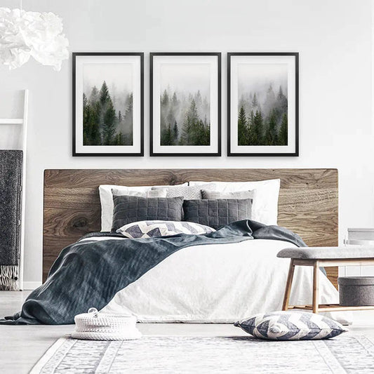 Green Pine Tree Forest. Foggy Nature Wall Art Print