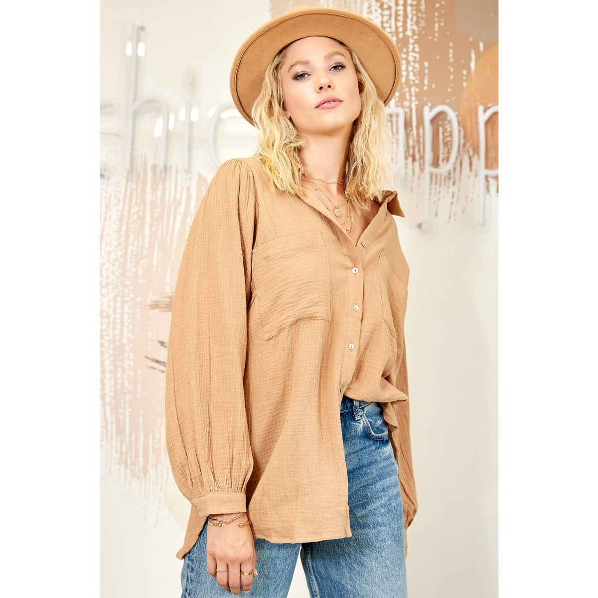TEXTURED BUTTON DOWN PUFF SLEEVES BLOUSE TOP