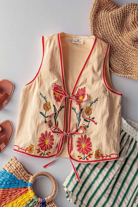 Boho Embroidered Tie Front Western Vest