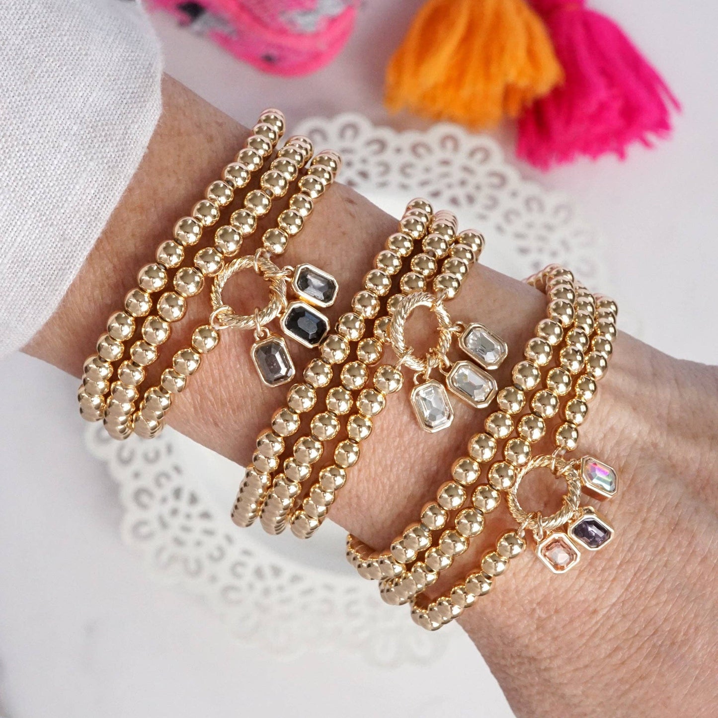 Golden Bead Stretch Bracelet Stack with Baguette Crystals - Set of 3