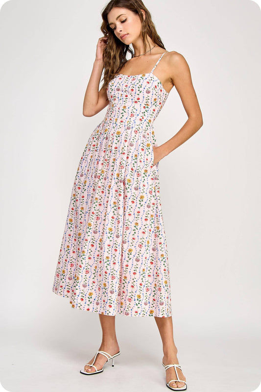 Floral Poplin Corset Sleeveless Midi Dress