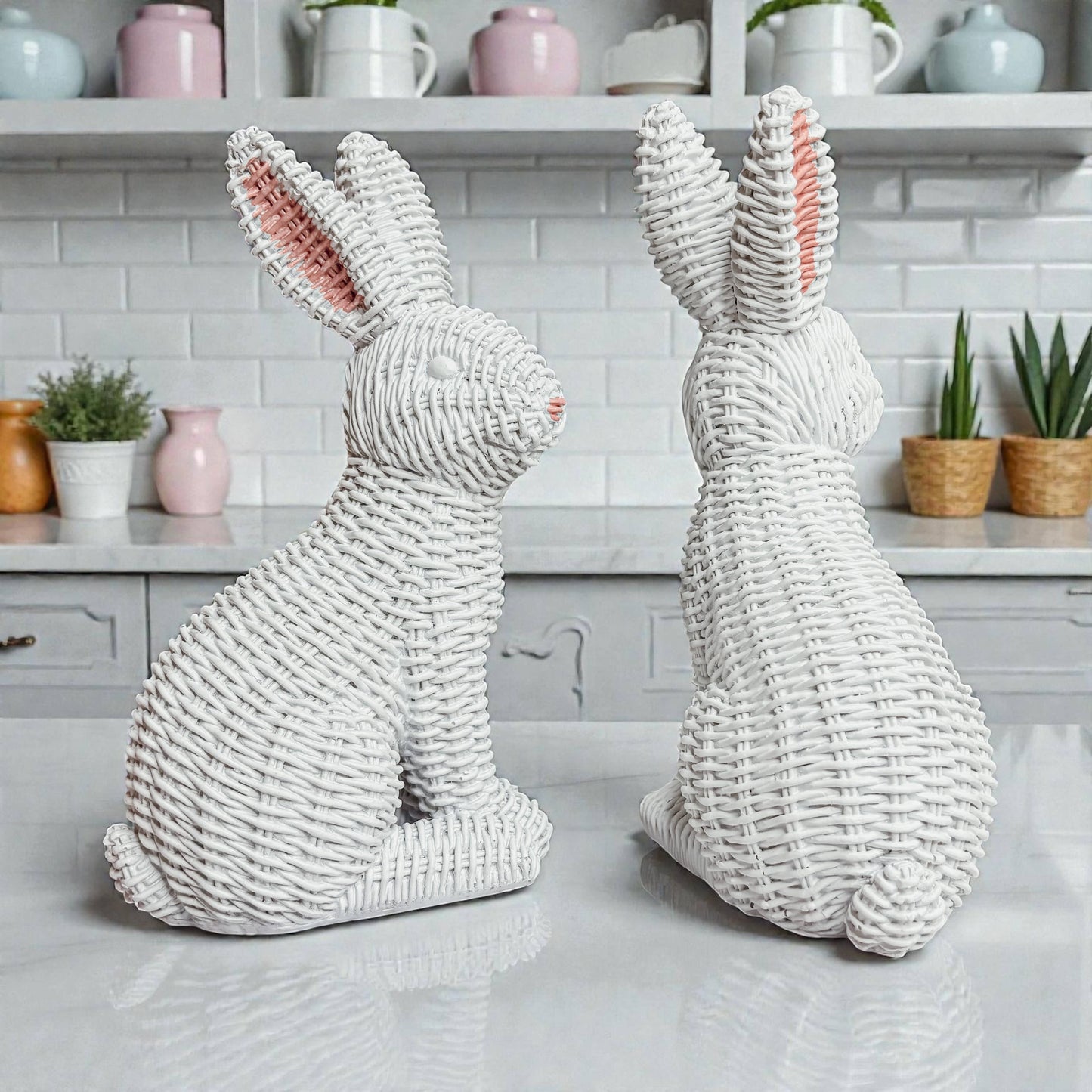Easter Farmhouse Home Decor, Resin Bunny Figurine Rattan