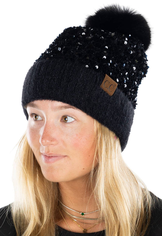 Sequin Pom Beanie - Chunky Sequin - Black