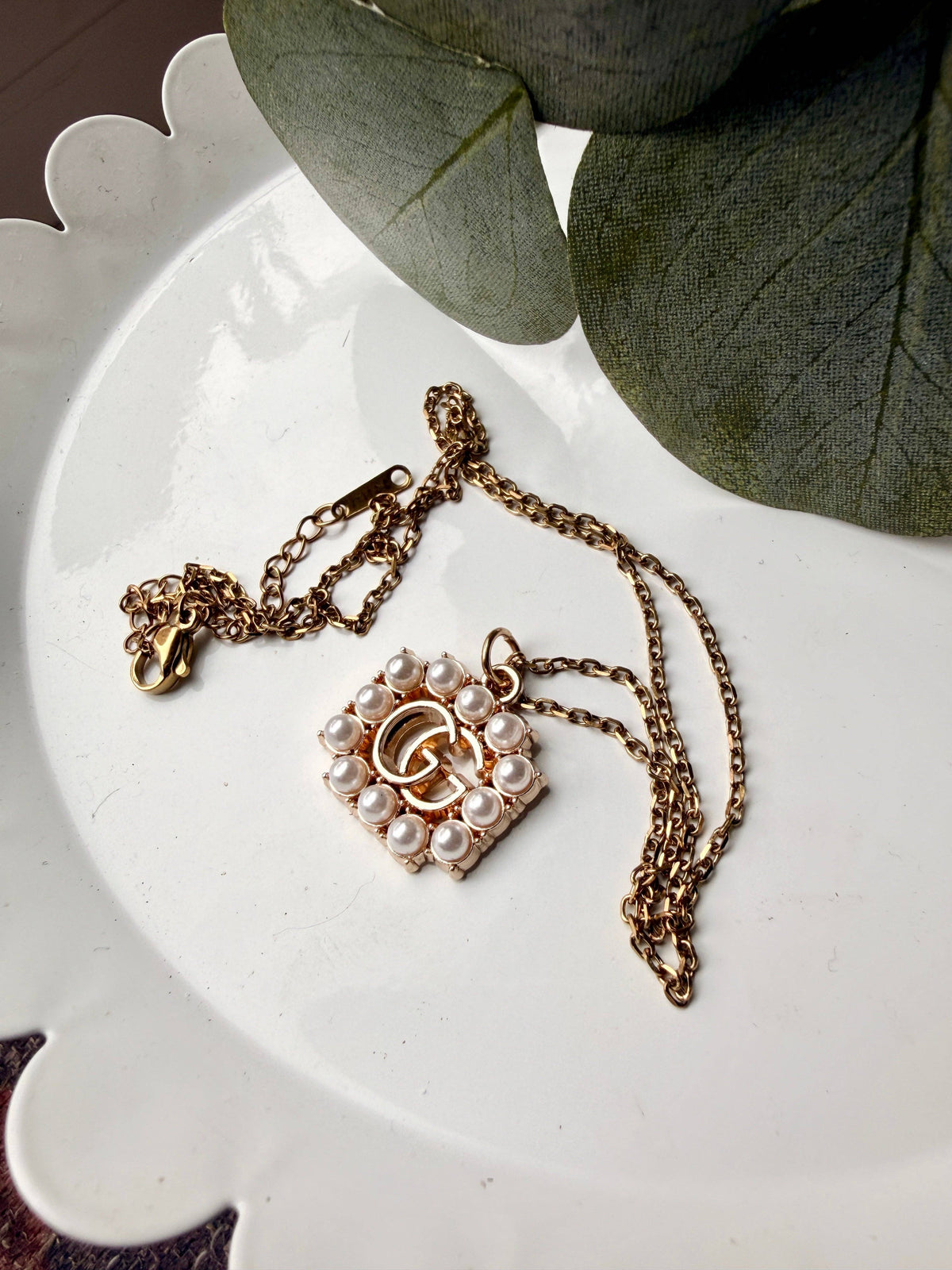 Upcycled Gucci Square Pearl Border Pendant Necklace
