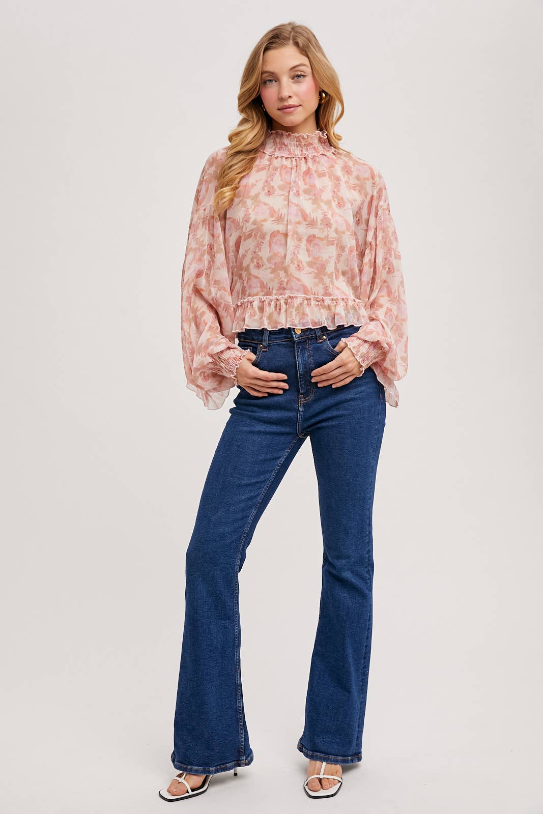FLORAL PRINT RUFFLED MOCK NECK CHIFFON TOP