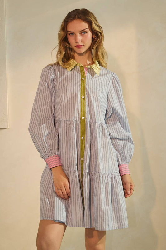 Striped Tiered Button Down Shirt Dress