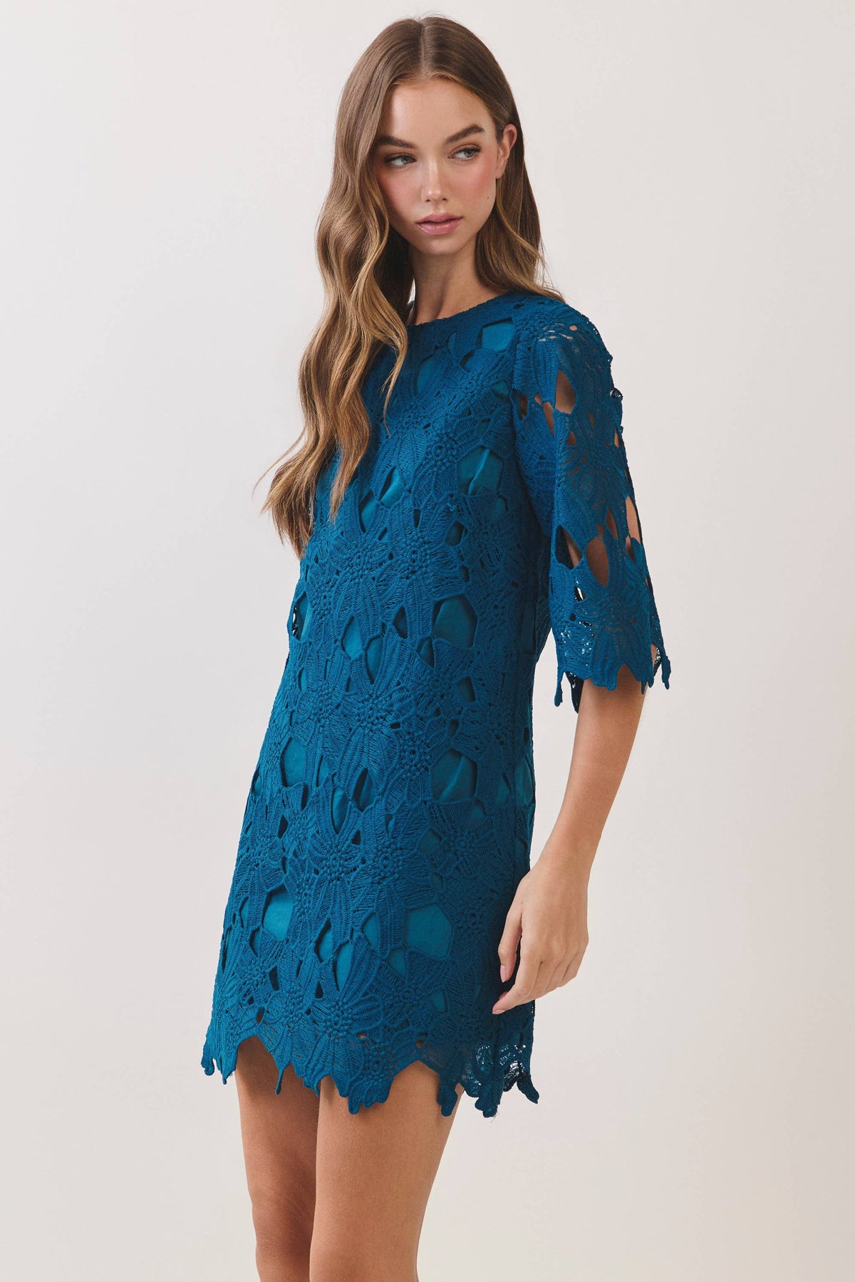 Crochet Lace Scalloped Hem Mini Dress