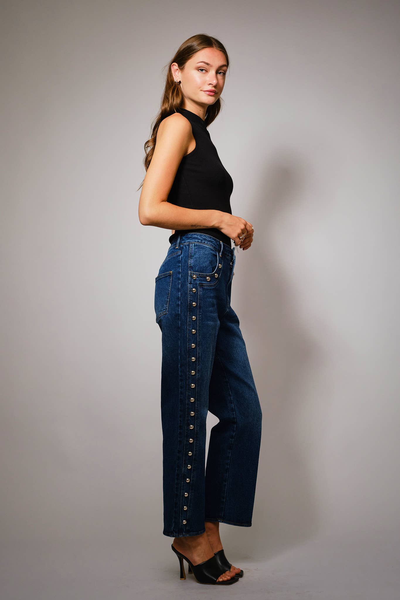 Metal Studded High Rise Straight Leg Jeans